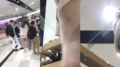 商城跟随抄底跟男友逛街的高颜值美眉 外表看着清纯 内心闷骚 穿着黑骚丁卡在屁沟里